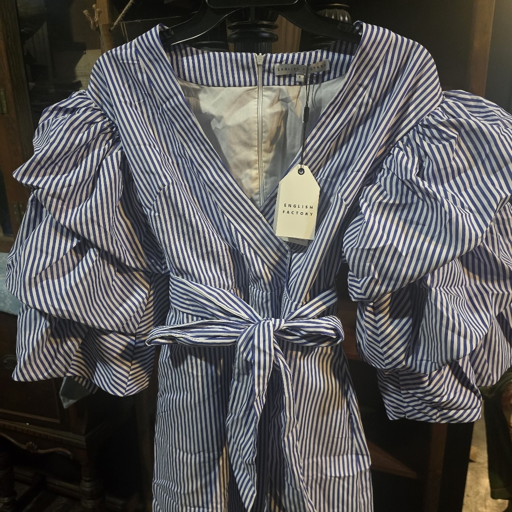 English Factory Blue and White Striped Dress with Ruffled Sleeves